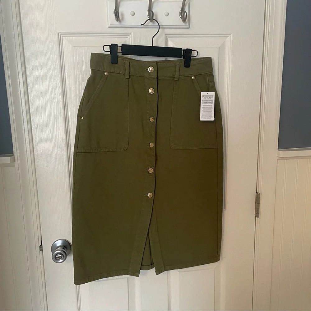 Michael Kors Smoky Olive Denim Jean Gold Button Front Midi Skirt SZ 6 NWT $110